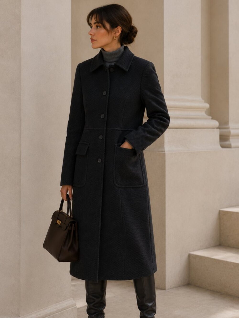 Theory Black Wool Blend Textured Long Coat Women Petite P Double Breasted